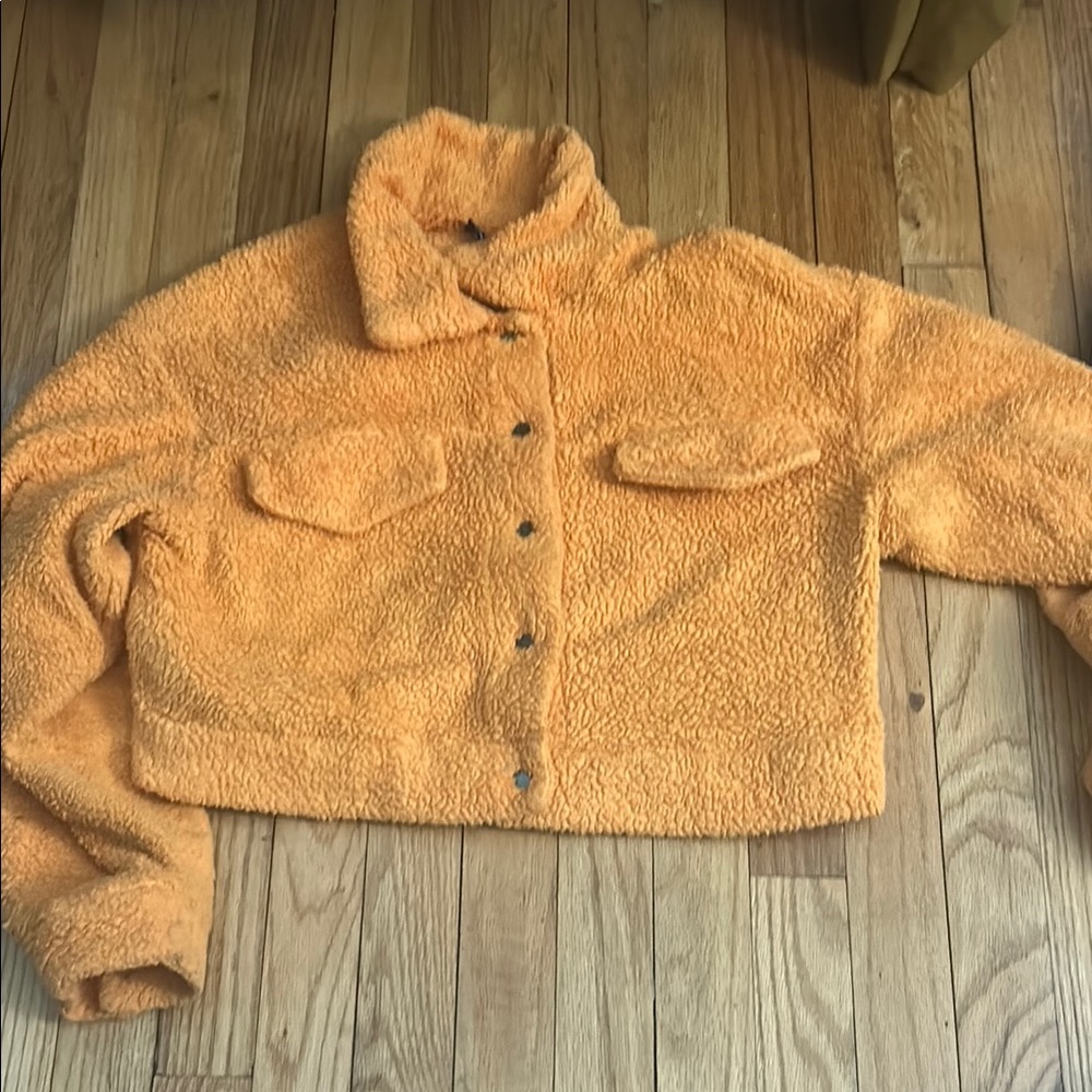 SHEIN Orange Teddy Jacket Plush Cozy Sweater